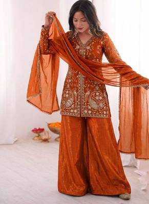 rust silk blend  readymade suit with embroidery & sequence work 2