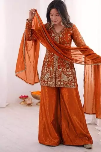 Rust Silk Readymade Suit with Embroidery & Sequence Work