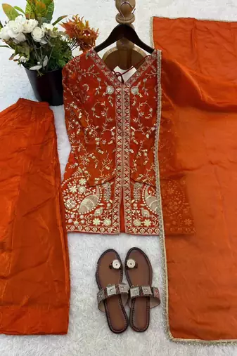 Rust Silk Readymade Suit with Embroidery & Sequence Work