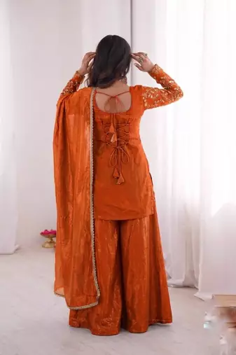 Rust Silk Readymade Suit with Embroidery & Sequence Work