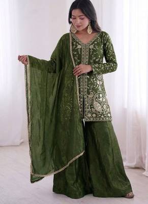  green silk blend  readymade suit with embroidery & sequence work 1