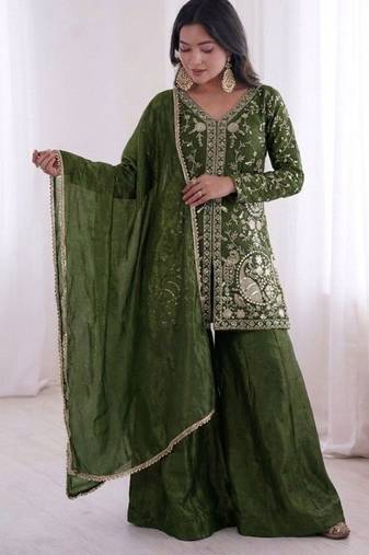  green silk blend  readymade suit with embroidery & sequence work