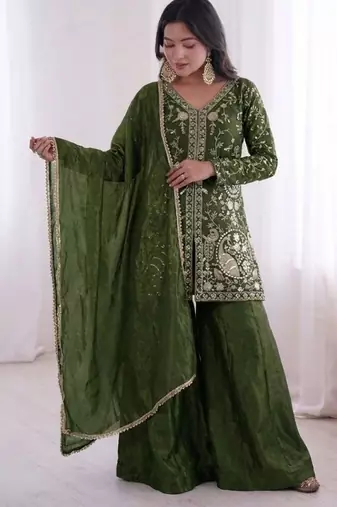 D Green Silk Readymade Suit with Embroidery & Sequence Work