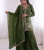  green silk blend  readymade suit with embroidery & sequence work