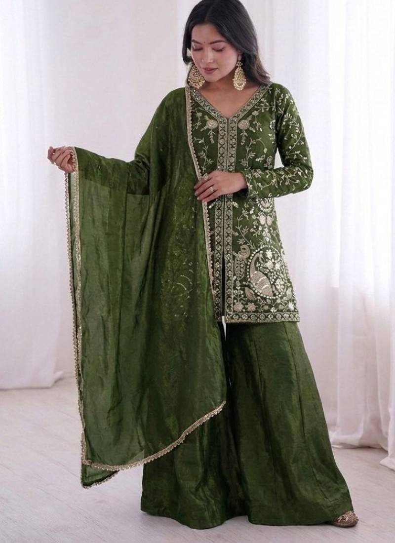  green silk blend  readymade suit with embroidery & sequence work