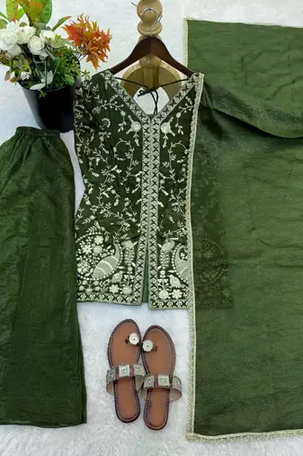 D Green Silk Readymade Suit with Embroidery & Sequence Work