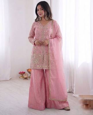 pink silk blend  readymade suit with embroidery & sequence work 1