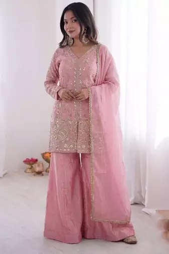 Pink Silk Readymade Suit with Embroidery & Sequence Work
