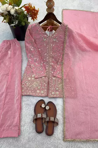 Pink Silk Readymade Suit with Embroidery & Sequence Work