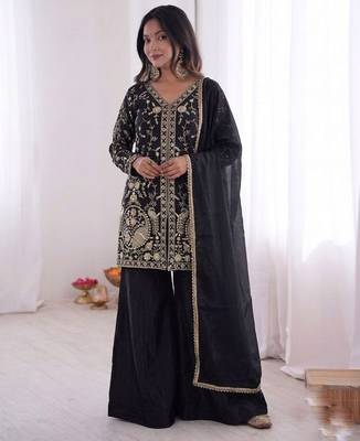 black silk blend  readymade suit with embroidery & sequence work 1