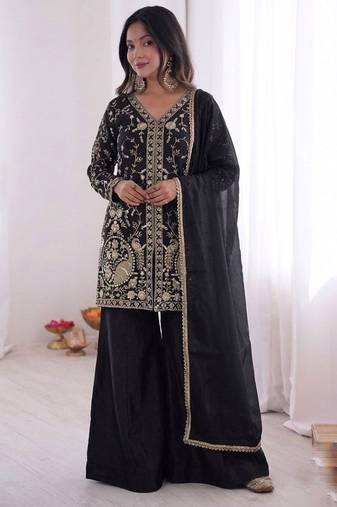 black silk blend  readymade suit with embroidery & sequence work
