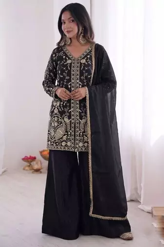 black silk blend  readymade suit with embroidery & sequence work