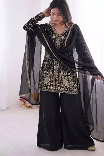 black silk blend  readymade suit with embroidery & sequence work