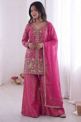 rani silk blend  readymade suit with embroidery & sequence work