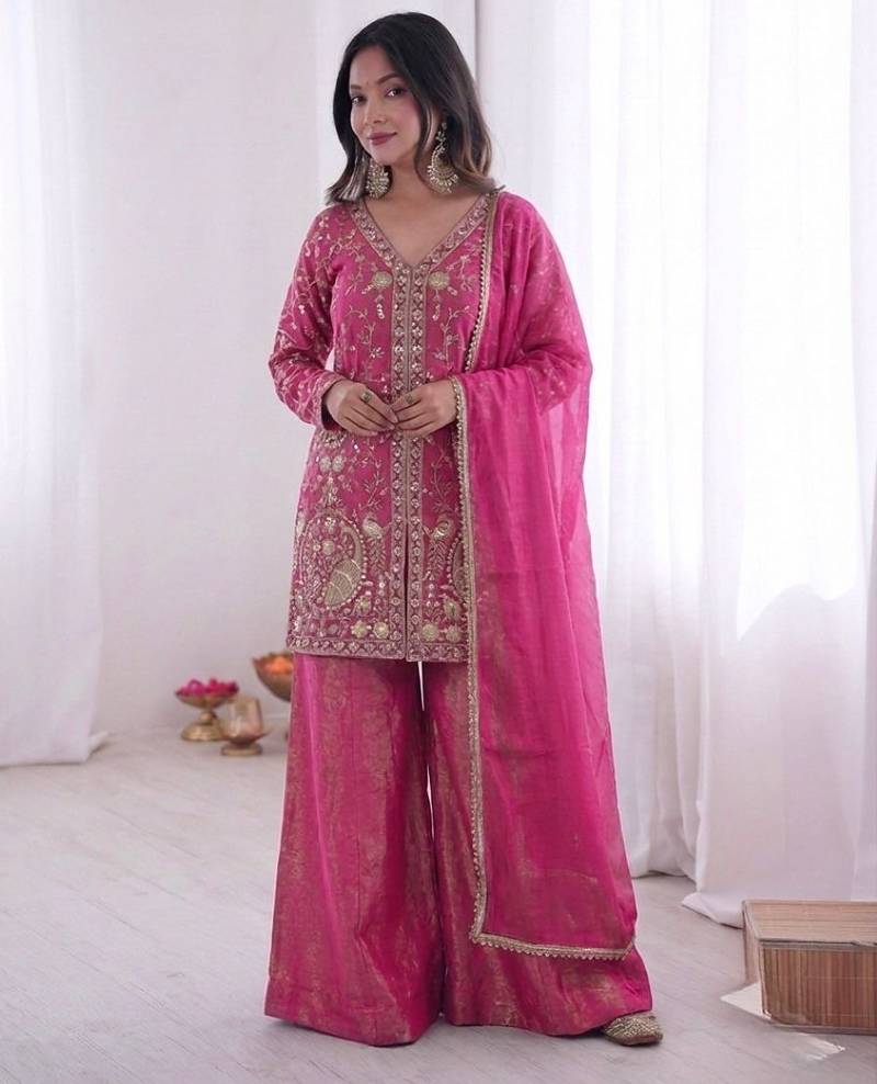 rani silk blend  readymade suit with embroidery & sequence work