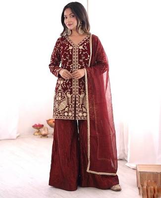 maroon silk blend  readymade suit with embroidery & sequence work 1
