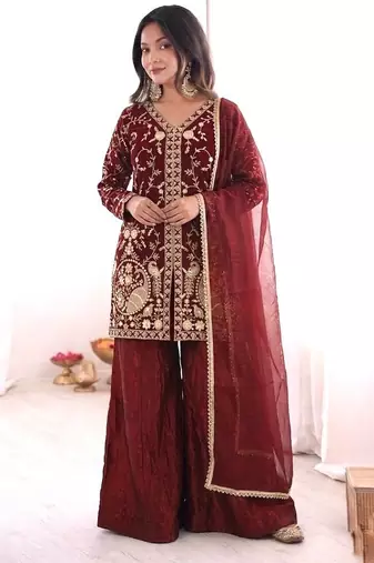 Maroon Silk Readymade Suit with Embroidery & Sequence Work