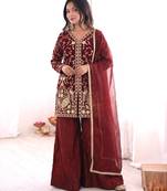 maroon silk blend  readymade suit with embroidery & sequence work
