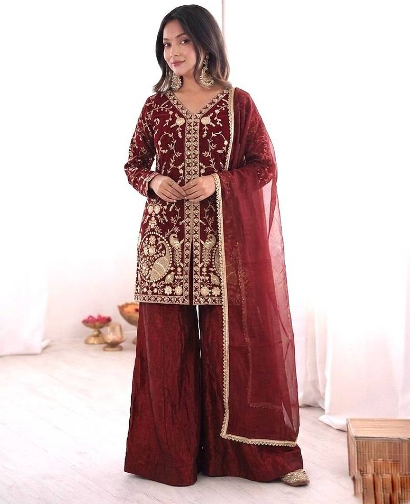 maroon silk blend  readymade suit with embroidery & sequence work