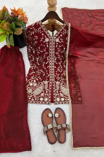 Maroon Silk Readymade Suit with Embroidery & Sequence Work