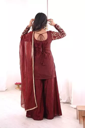 Maroon Silk Readymade Suit with Embroidery & Sequence Work
