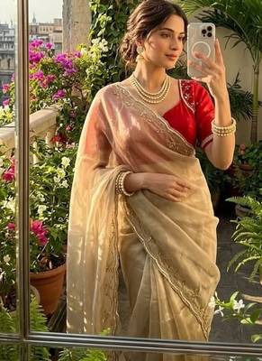 Cream Color hand work Silk Blend Saree 1
