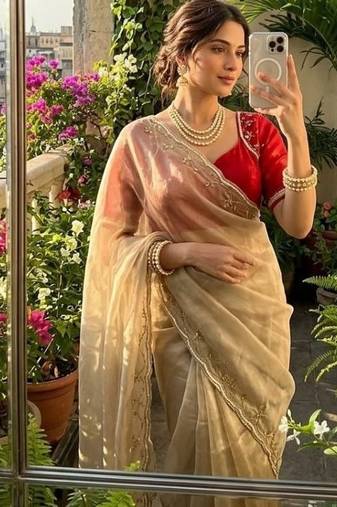 Cream Color hand work Silk Blend Saree