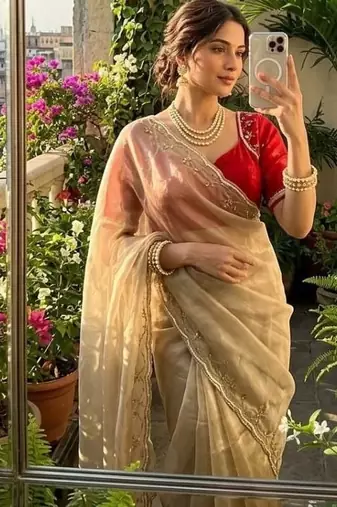 Cream Color hand work Silk Blend Saree
