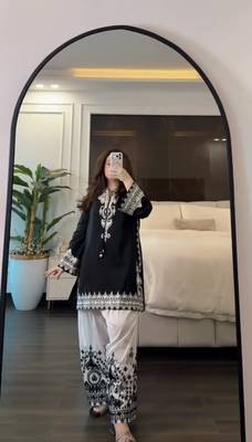 black&white crepe readymade suit with embroidery & printed work 1