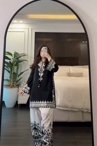 black&white crepe readymade suit with embroidery & printed work