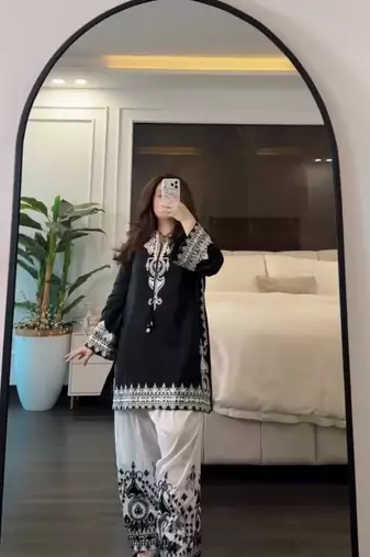 black&white crepe readymade suit with embroidery & printed work