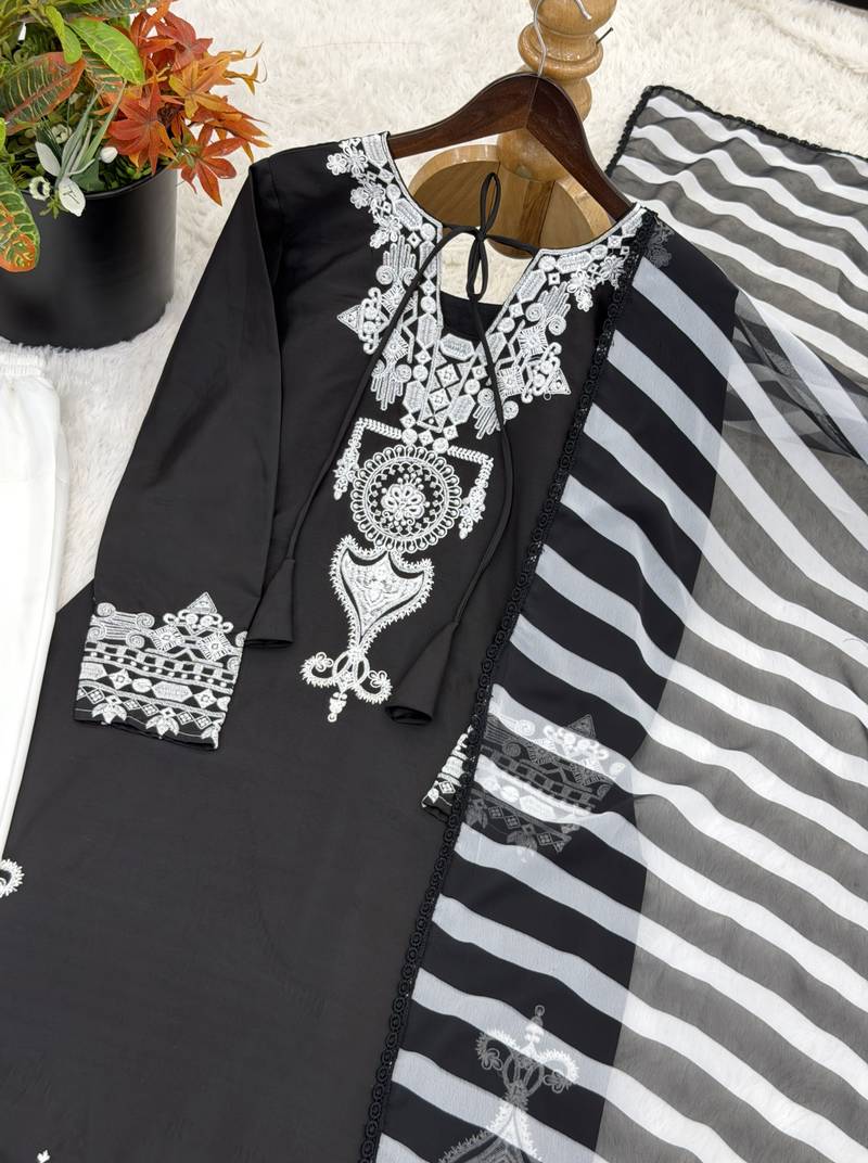 black&white crepe readymade suit with embroidery & printed work