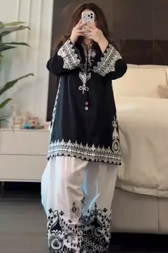 black&white crepe readymade suit with embroidery & printed work
