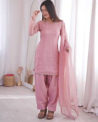 pink silk blend  blend  readymade suit with lace work 1