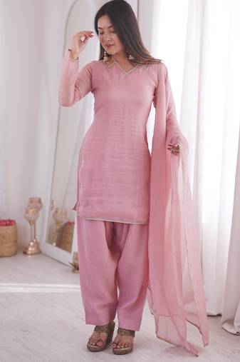 Pink Soft Silk Readymade Suit with Lace Work