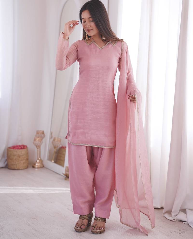 pink silk blend  blend  readymade suit with lace work
