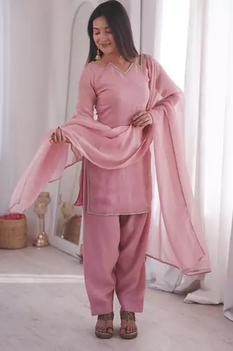 Pink Soft Silk Readymade Suit with Lace Work