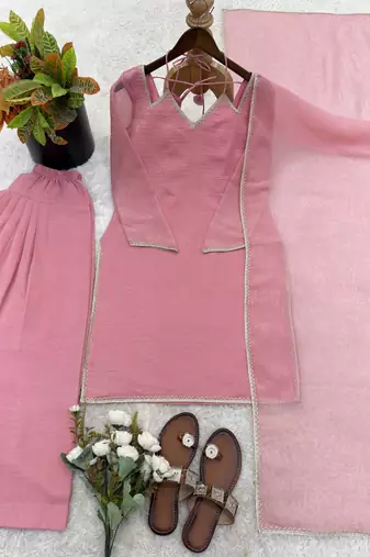 Pink Soft Silk Readymade Suit with Lace Work