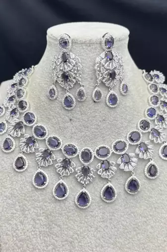 amethyst crystal choker necklace and drop earrings set, vintage bridal wedding jewellery