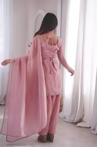 Pink Soft Silk Readymade Suit with Lace Work
