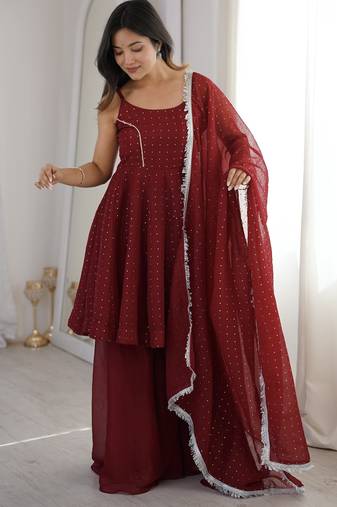 maroon silk blend  readymade suit with zarkhand & lace work