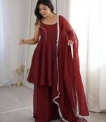 maroon silk blend  readymade suit with zarkhand & lace work