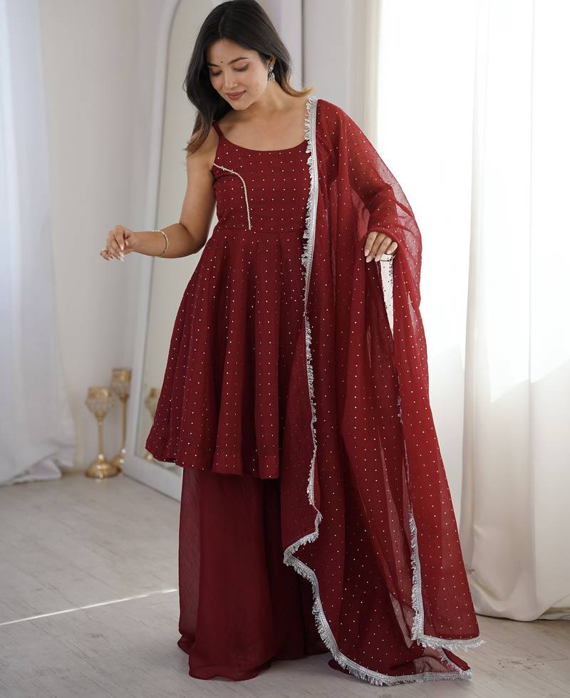 maroon silk blend  readymade suit with zarkhand & lace work