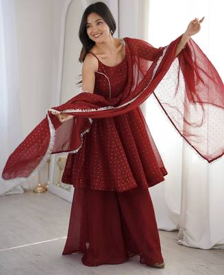 maroon silk blend  readymade suit with zarkhand & lace work 2