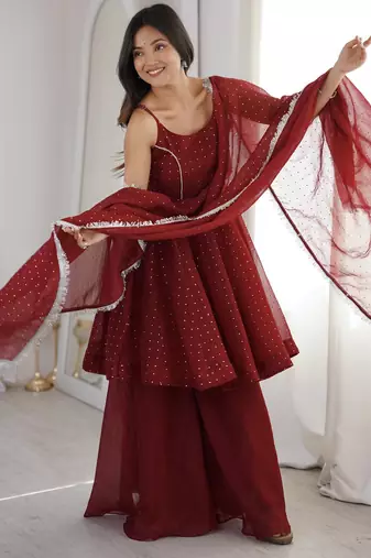 maroon silk blend  readymade suit with zarkhand & lace work