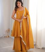yellow silk blend  readymade suit with zarkhand & lace work