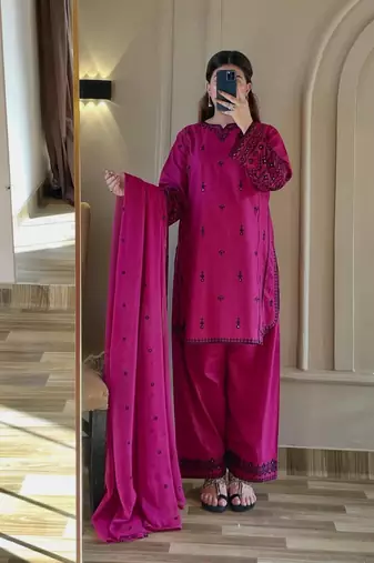 purple cotton readymade suit with thread & sequence work