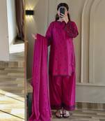 purple cotton readymade suit with thread & sequence work
