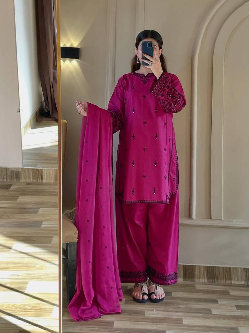 purple cotton readymade suit with thread & sequence work