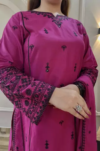 purple cotton readymade suit with thread & sequence work